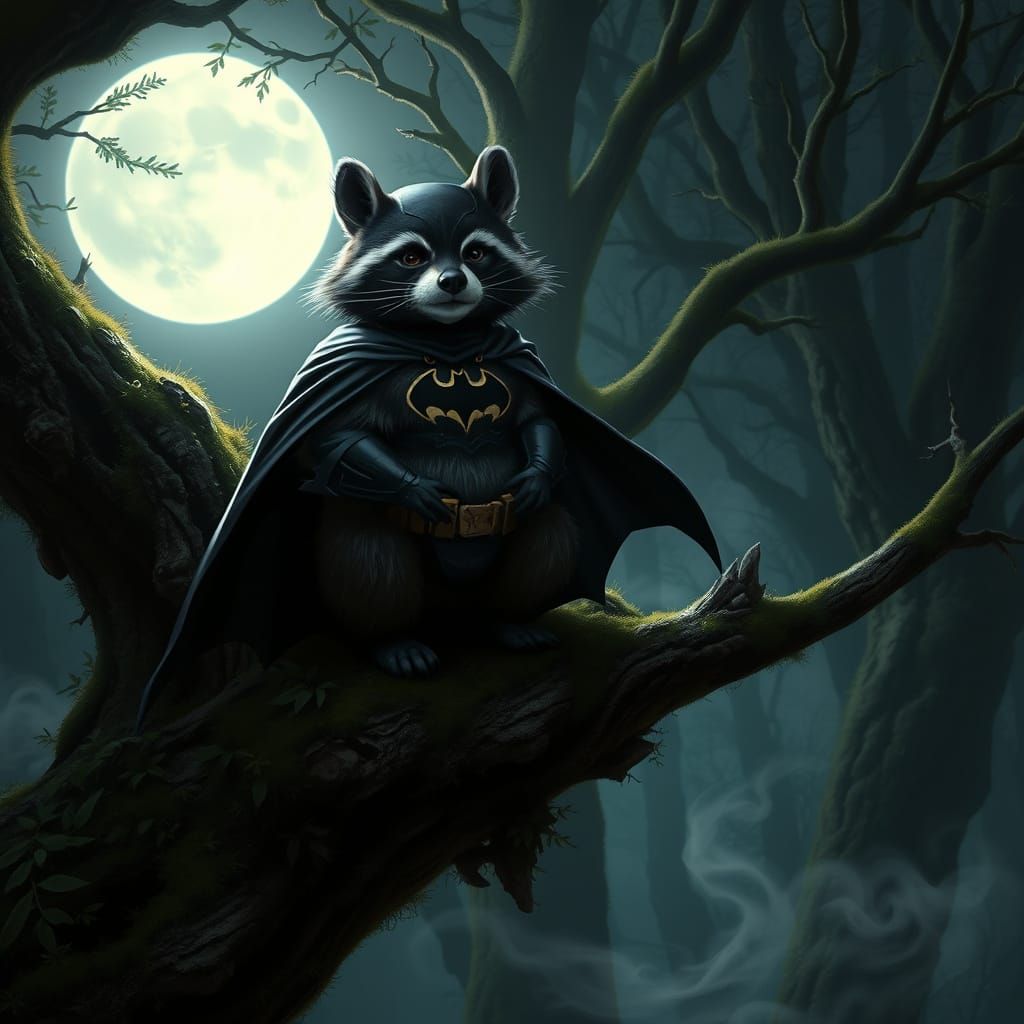 in the woods a racoon, is dressed up as batman  by @Teri Osbourne