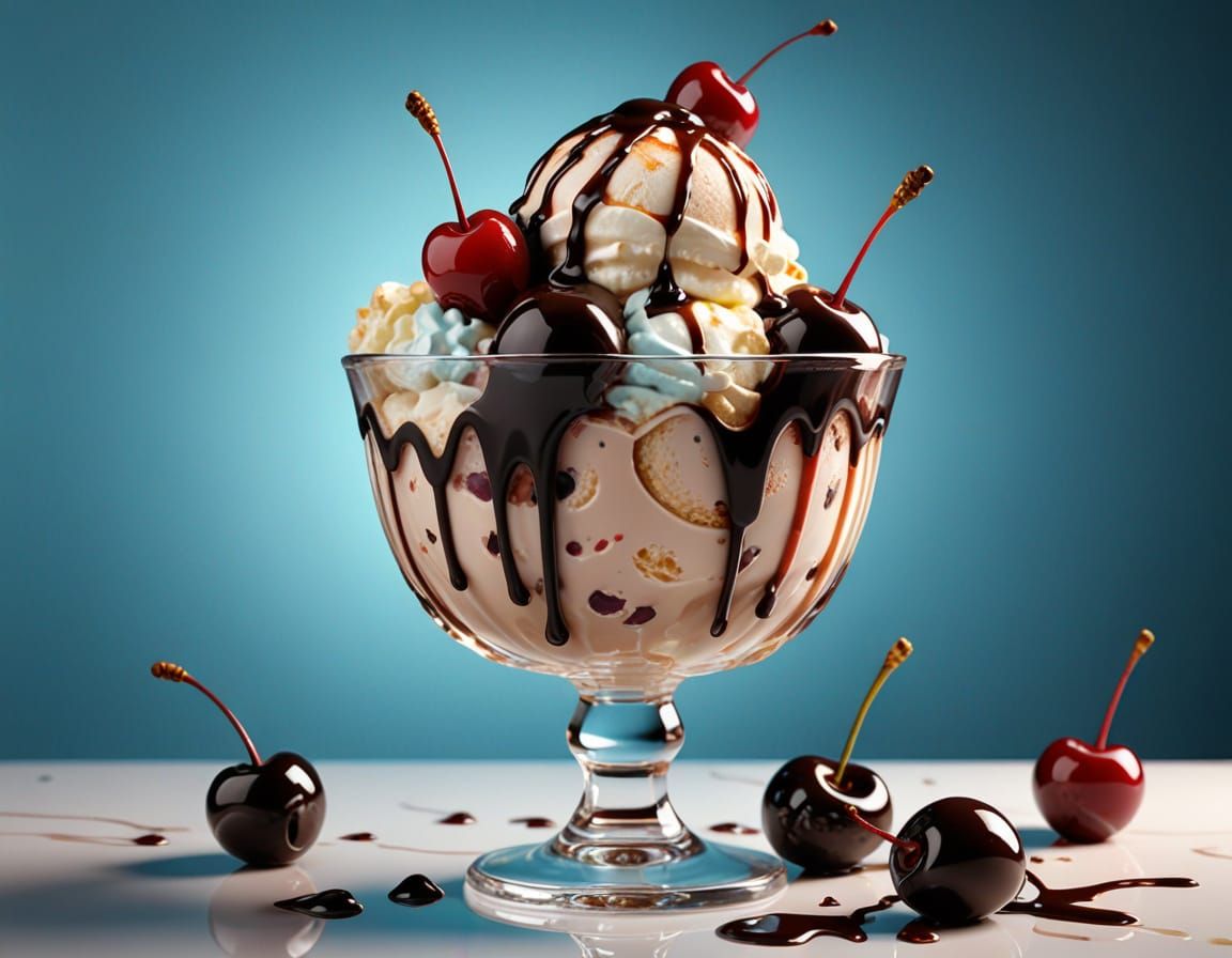 Hyper-realistic close-up shot. An ice cream sundae with vanilla covered with chocolate syrup and a cherry ...  by @General Korg