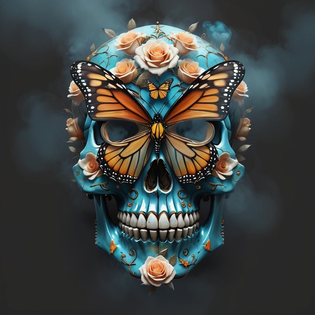A  dia de los muertos rose skull Double exposure of a Monarch Butterfly double exposure on the face of the skull, amazing multiple exposure...