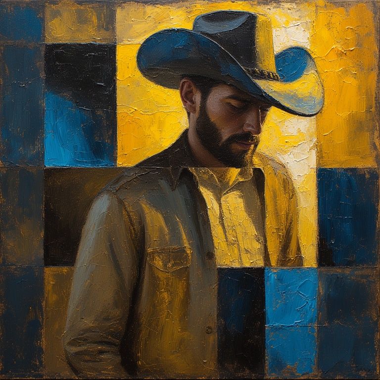An impasto abstract painting of a rugged cowboy
