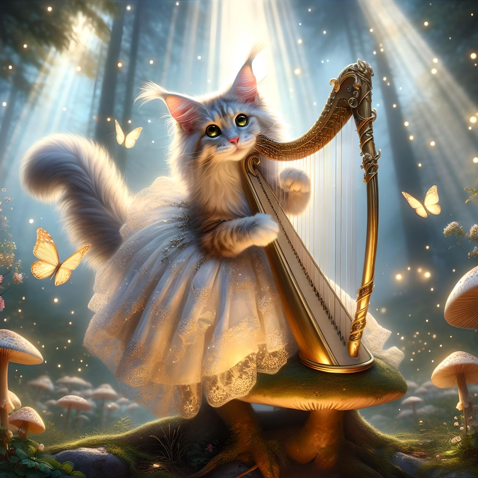 Cat playing harp in the forest  by @Duygu
