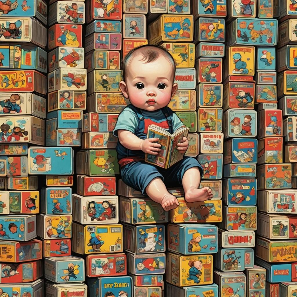 Whimsical Baby Surrounded by Pop Art Comic Books
