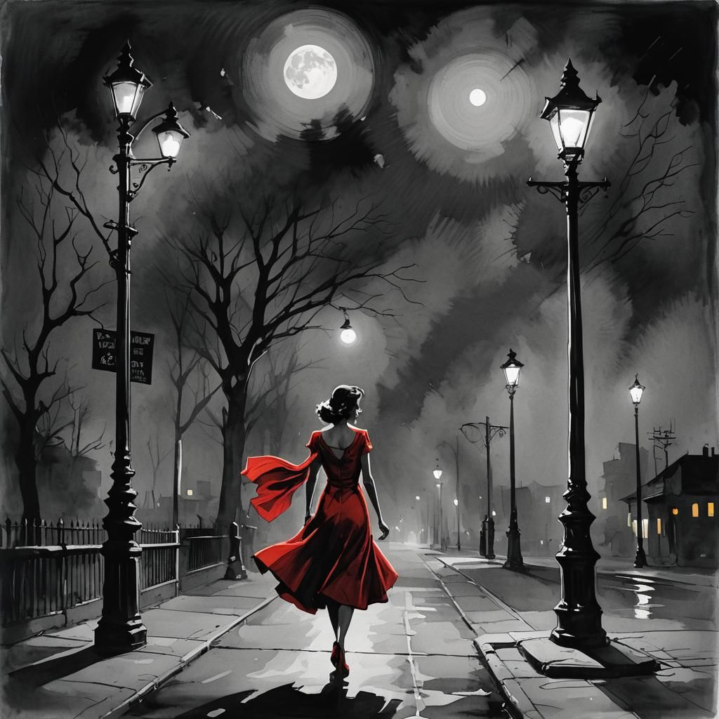 Comic Noir Expressionism Lady in red dress under streetlamp. Moonlight   by @Dmitri