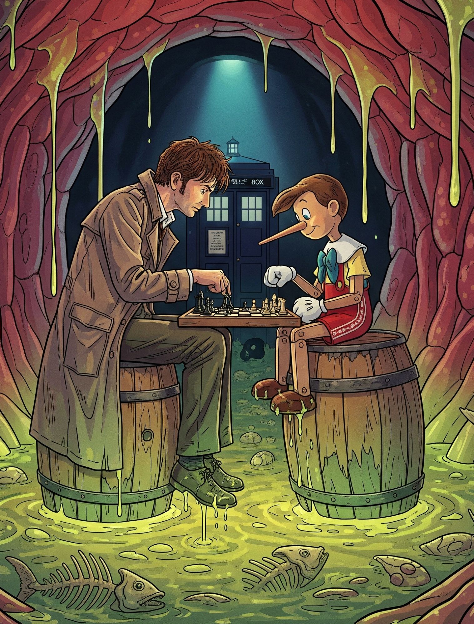 Doctor Who and Pinocchio in the Whale's stomack