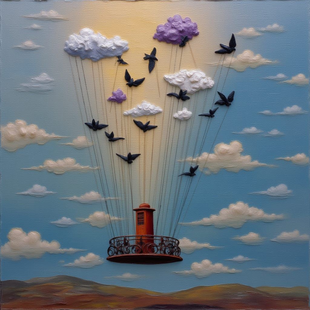 <lora:MJ7 Surreal Painting:1.0> A puppet with strings attached to birds flying in reverse; thick impasto oil paint acrylic brush strokes im...