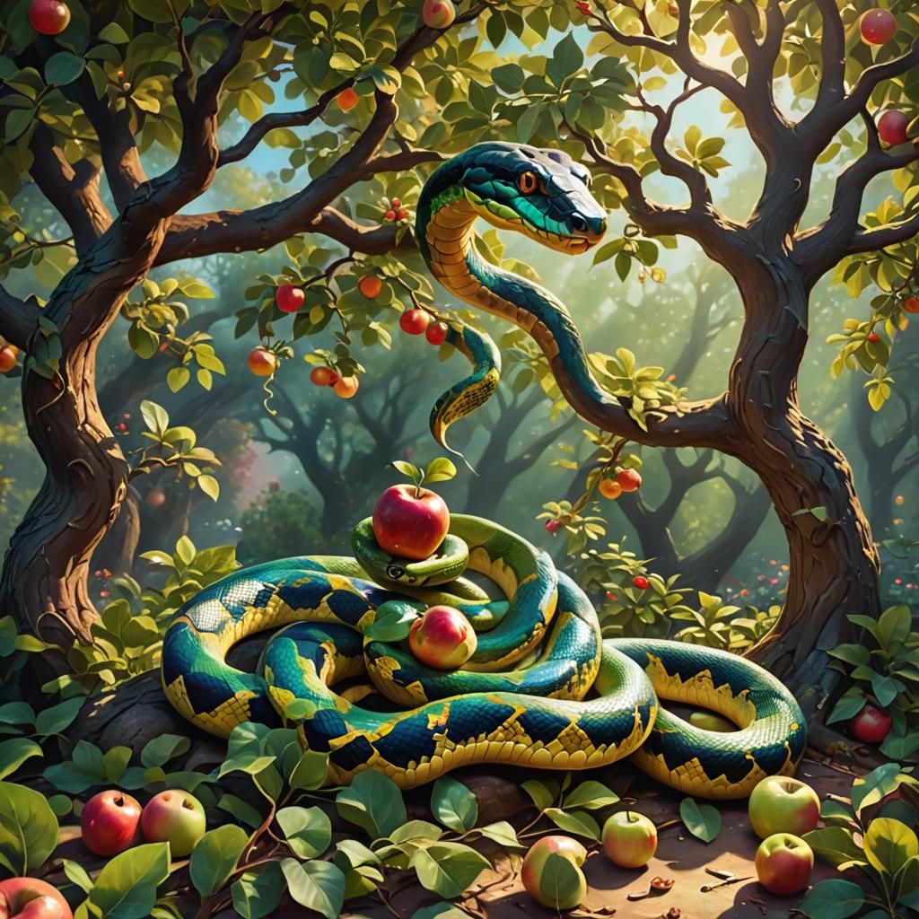Snake Offers Apple in a Vibrant Garden Scene