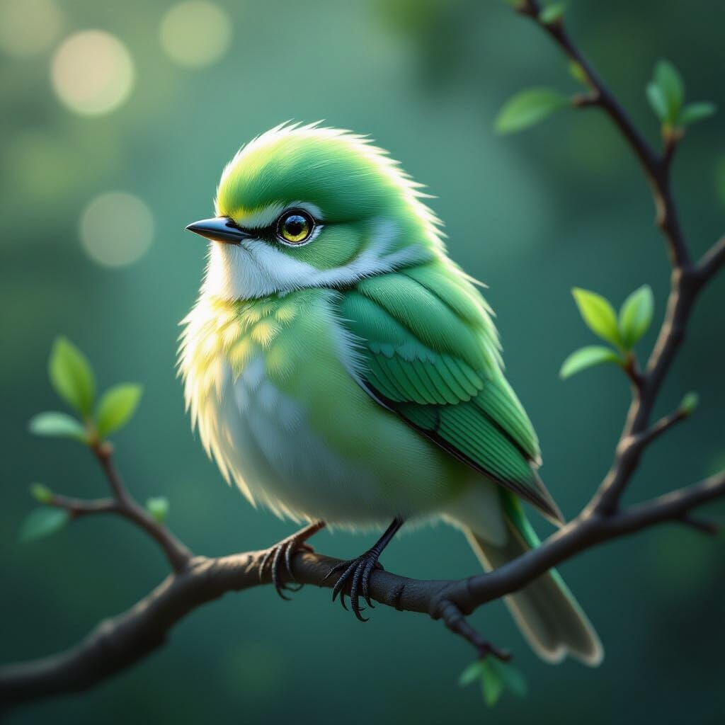 A delicate, ethereal green bird with soft, green feathers sits beautifully on a thin, twisted branch. ...  by @Observer1