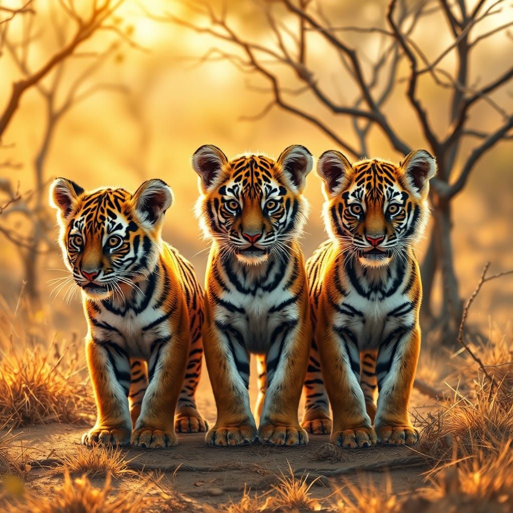 Three Tiger Cubs on African Savannah