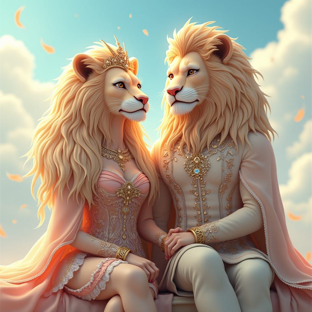 Regal Lion Couple in Ornate Royal Attire, Digital Anime Art