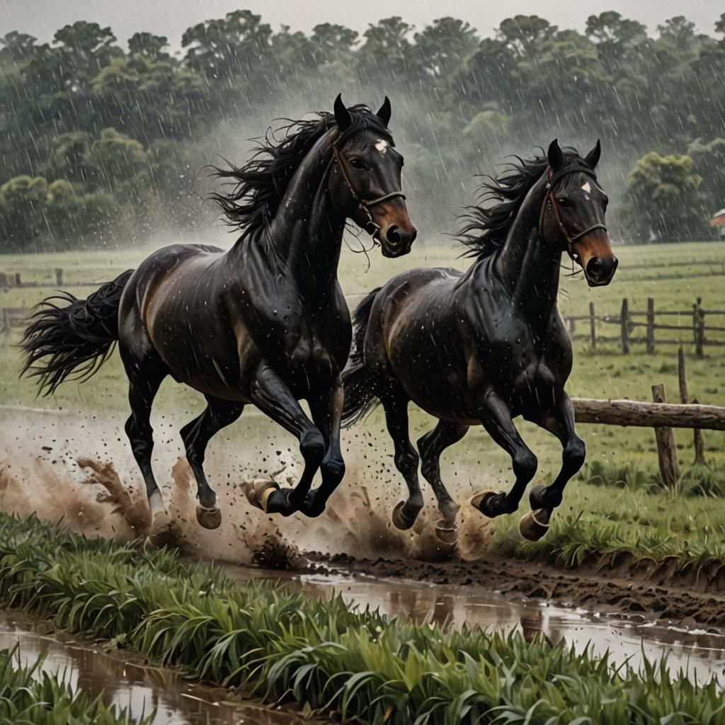 Black Horses Running Through Rainy Fields in Hyperrealistic....