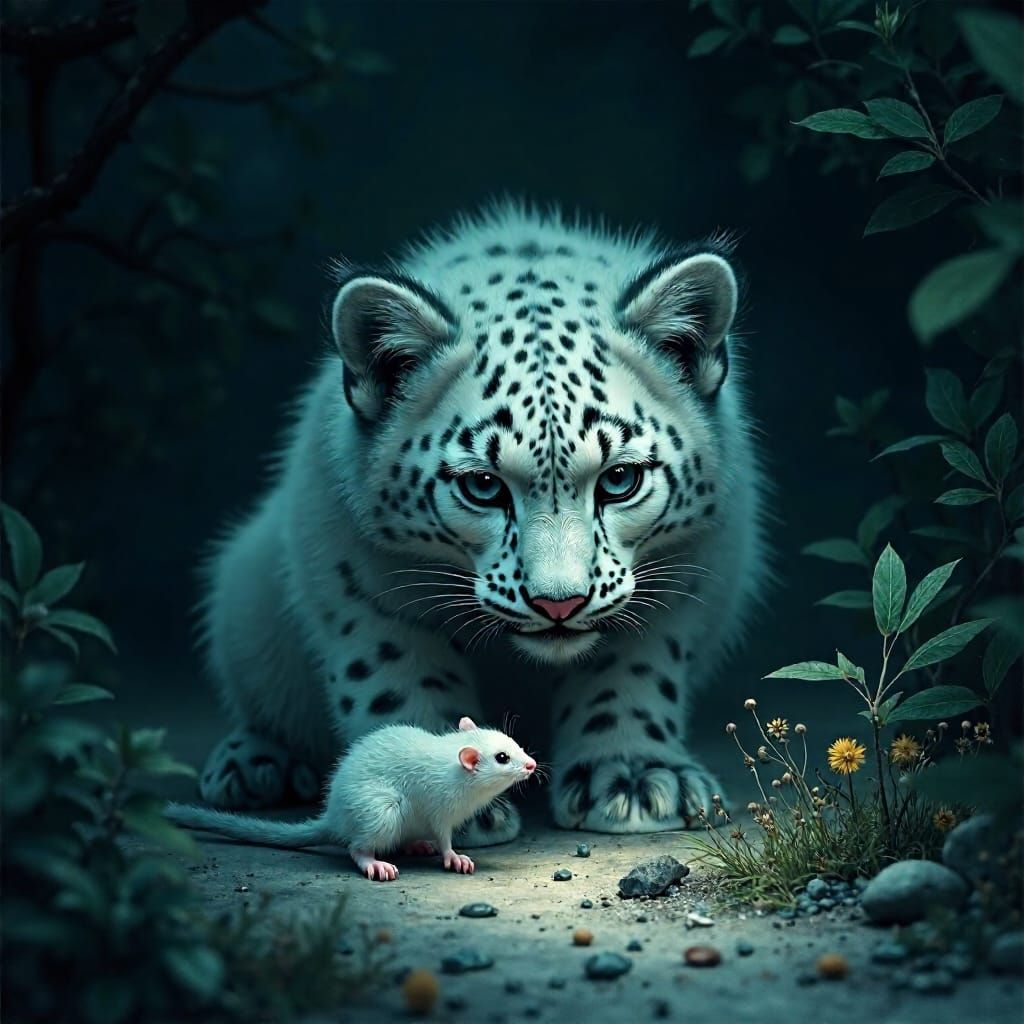 Cute White Snow leopard looking at a Mouse