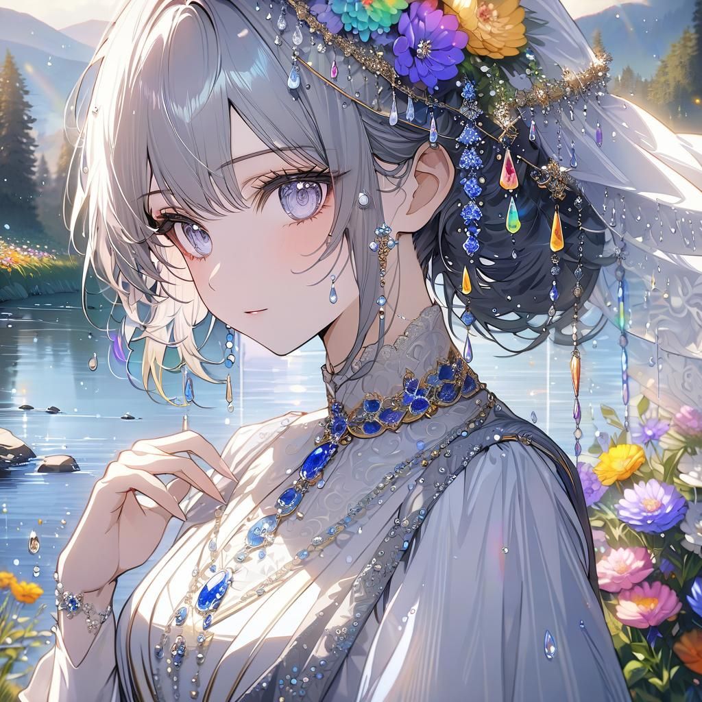 Elegant Anime Girl Basks in Rainbow Bloom