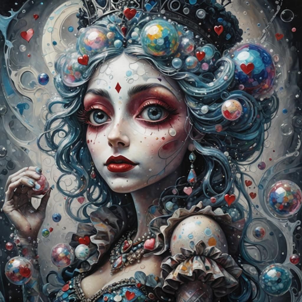 "combine the art of Picasso with the style of Tim Burton to create an abstract depiction of queen of hearts completely made from iridiscent soapwater foam bubbles, intricate details, hyperrealistic, epic masterpiece <lora:Liquid Pouring SD15:1.0> <lora:Lunatic SD15:1.0>"
