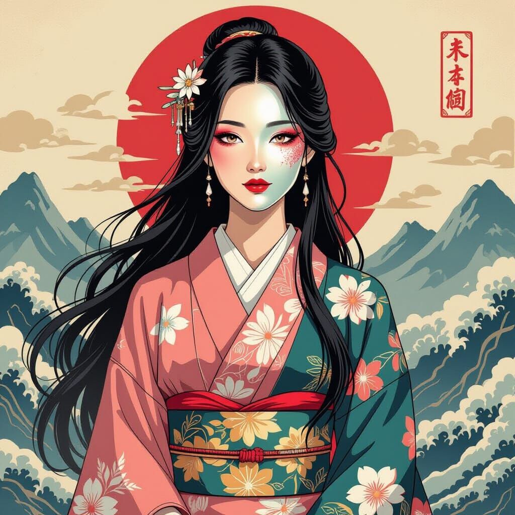 Woman with Split-Color Face in Japanese Landscape