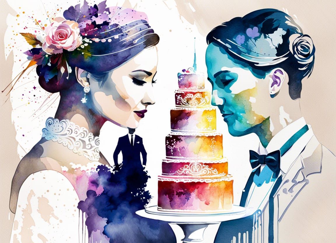 Wedding_cake+bride+Groom, double exposure splash art waterco...