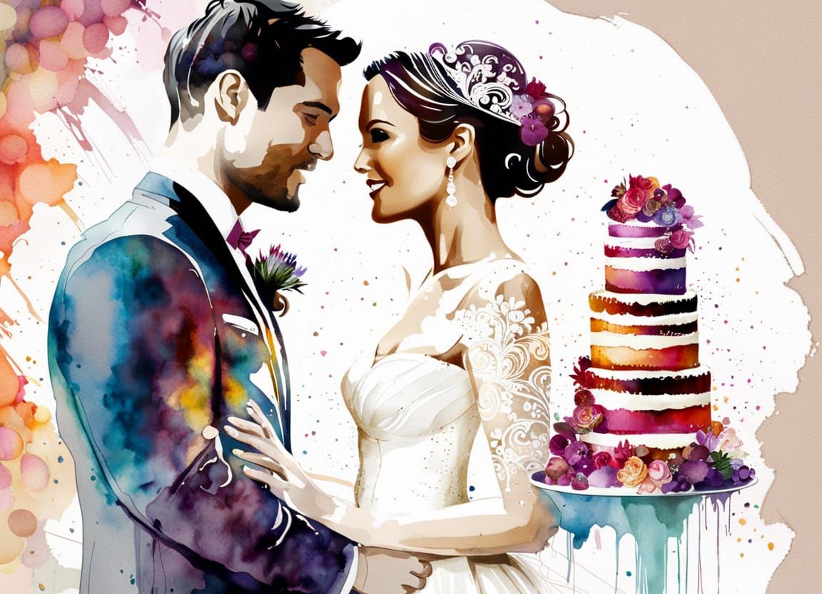 Wedding_cake+bride+Groom, double exposure splash art waterco...