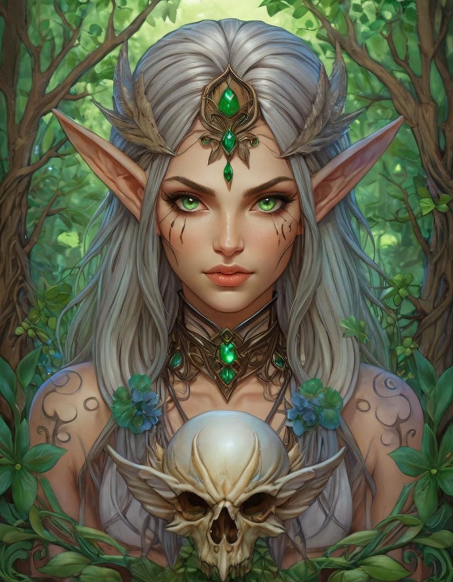 (Detailed Illustration of a Elven Druid woman holding a  lar...