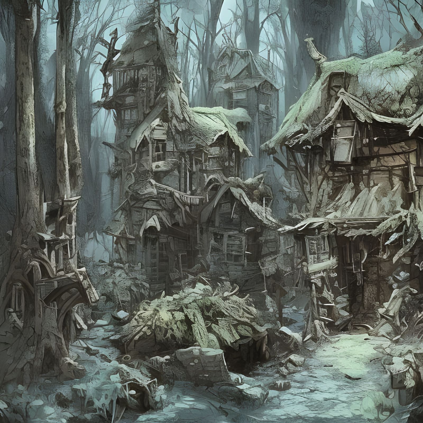 abandoned ruined village, dilapidated buildings in the forest, By Darkest Dungeon and Ian Miller, by Jordan Grimmer, hor...