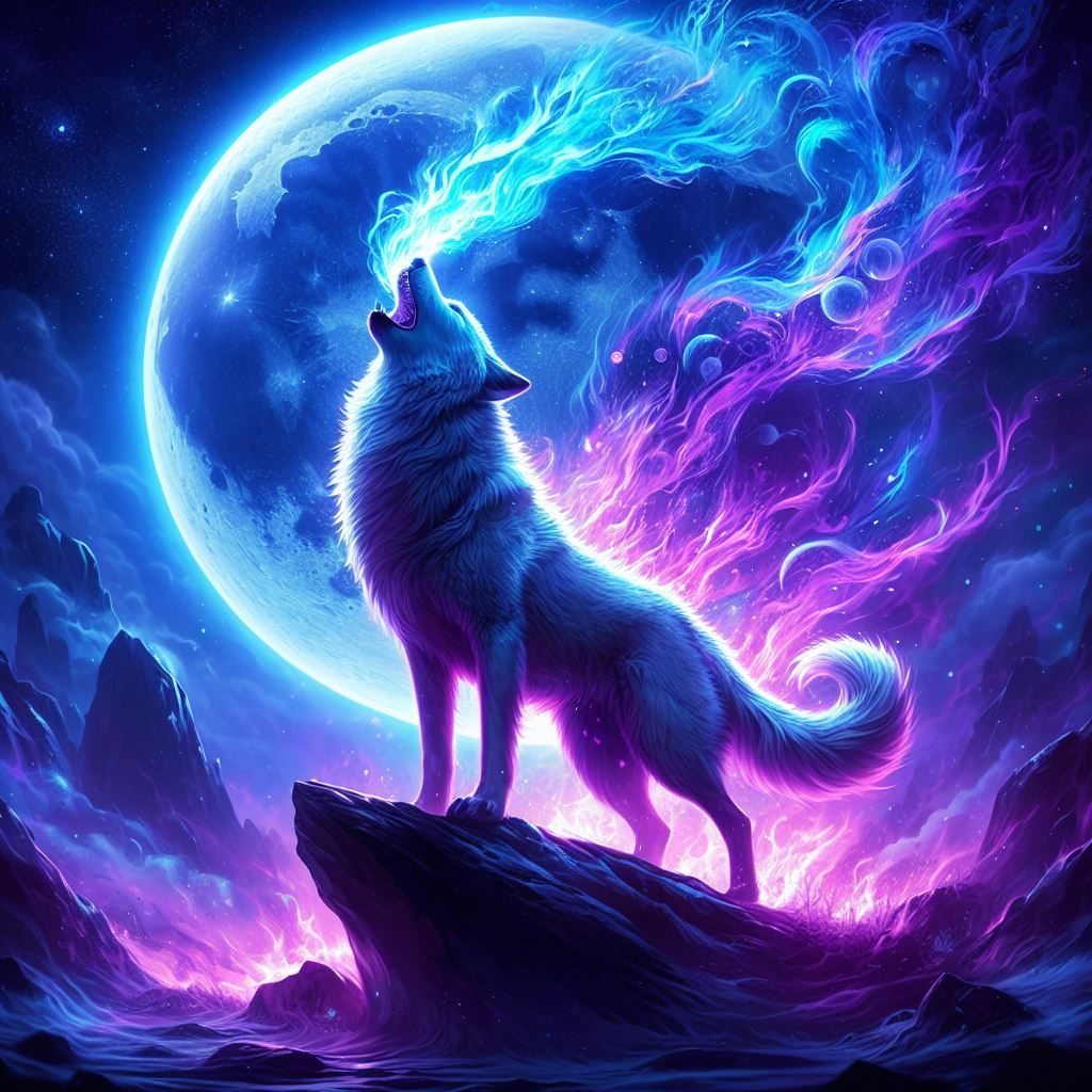 a wolf howling at a blue moon