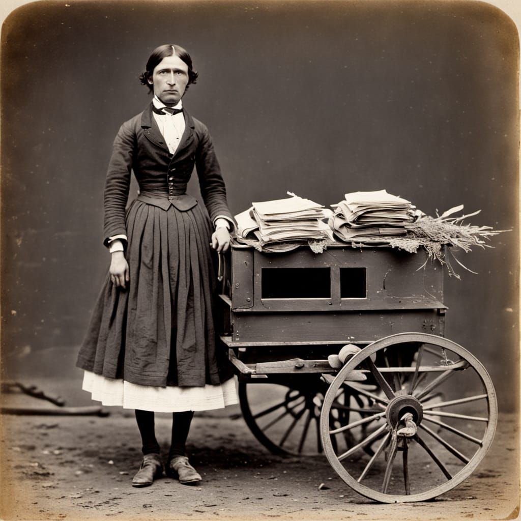 A salted paper print taken by Roger Fenton of his assistant and photographic wagon, 1855