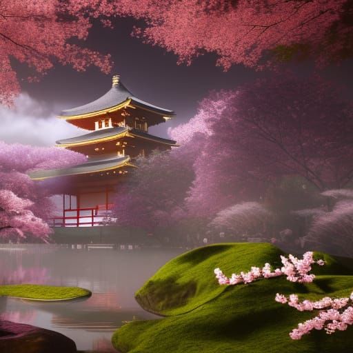 Japanese Temple Cherry Blossoms - AI Generated Artwork - NightCafe Creator