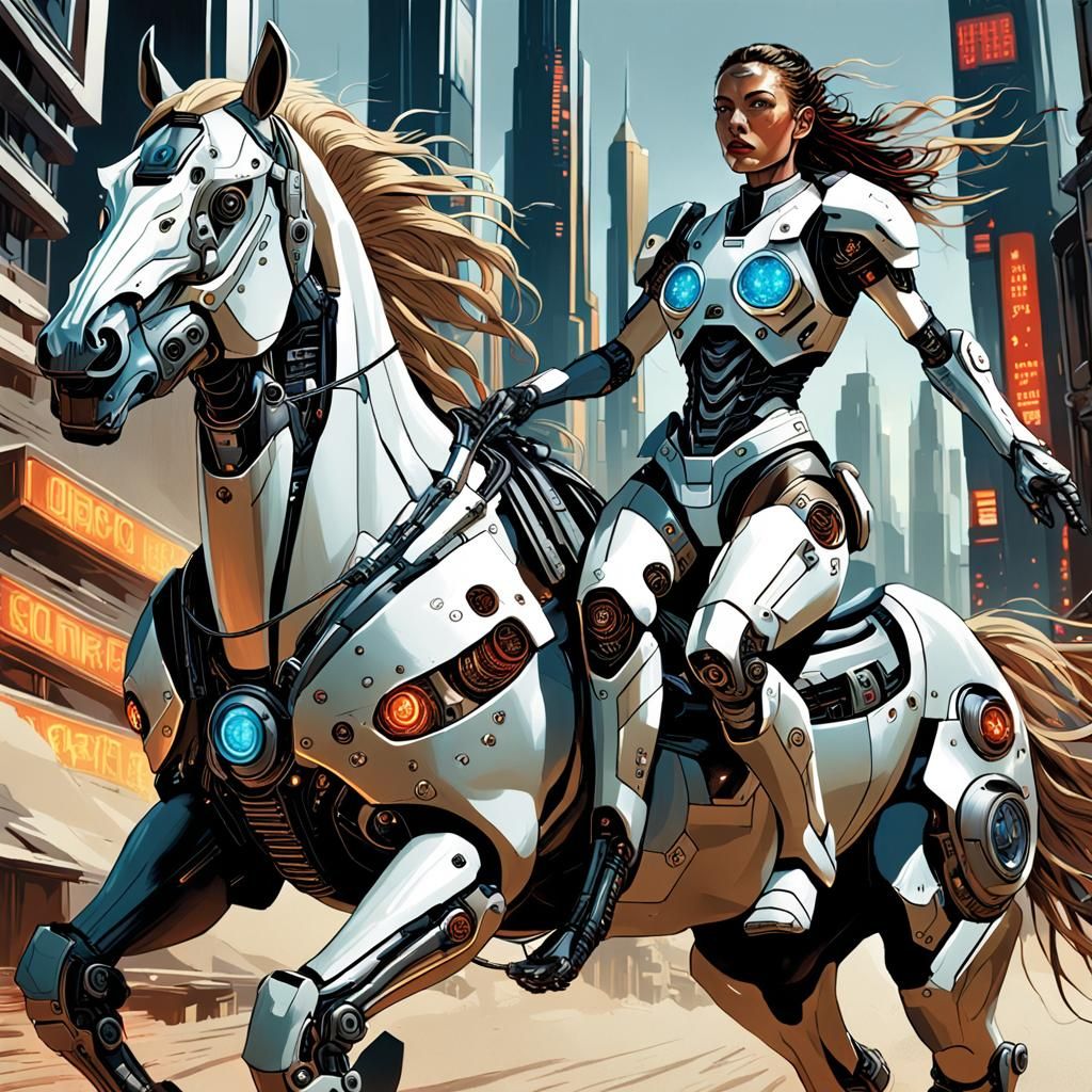 Native_female wearing a futuristic exosuit furiously Racing (a cyborg robotic horse : 2.2) wearing a futuristic exosuit,...