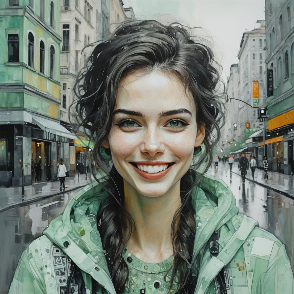 Glamorous City Girl Captured in Klimt-Inspired Oil Painting