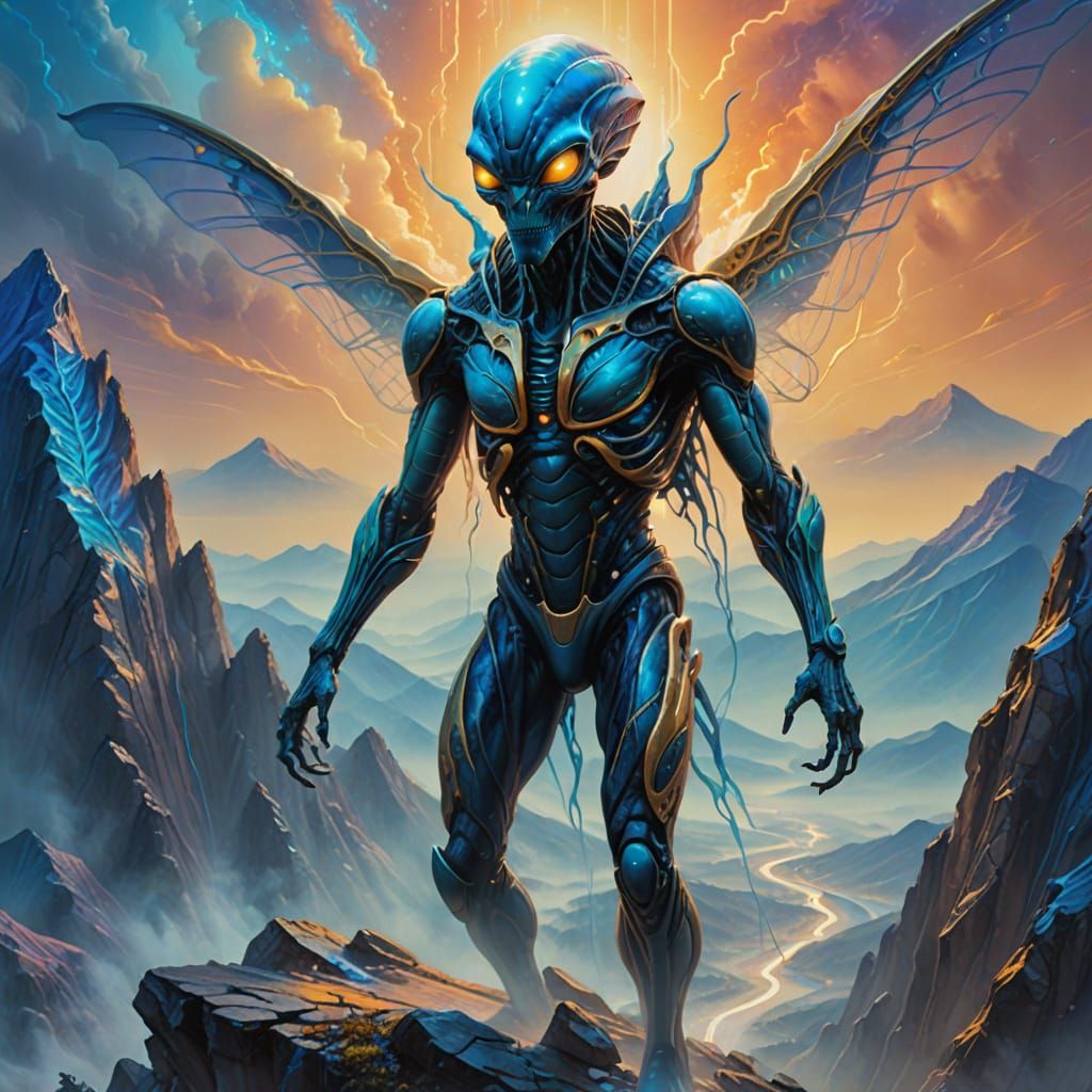 Alien on a Mountain: Surreal Oil Painting