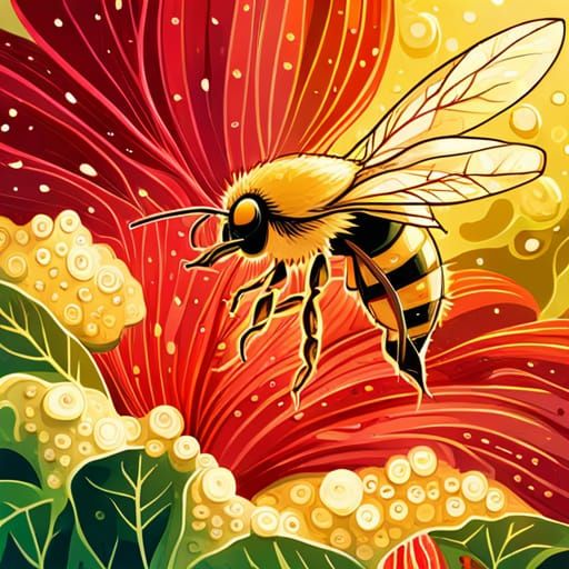 Bee on Hibiscus in Retro Pixel Art Style