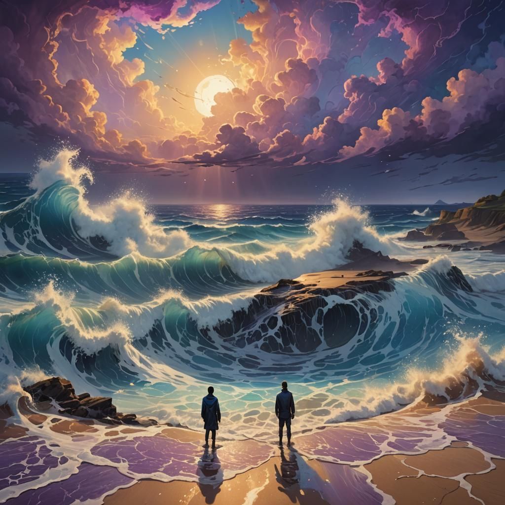 Mystical Ocean Landscape with Glowing Waters and Soft Clouds