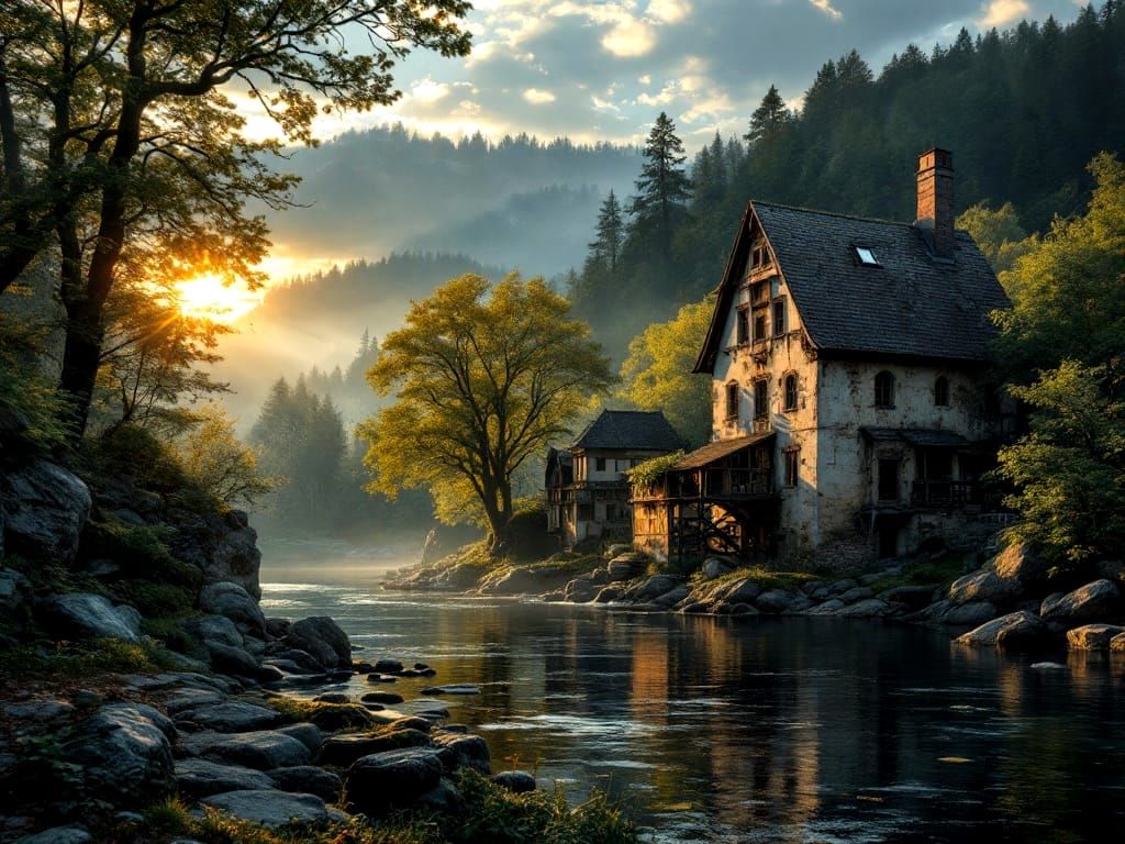 Photorealistic and detailed image of the historic, slightly dilapidated Dolský Mill by the Kamenice River ...  by @Qeir63