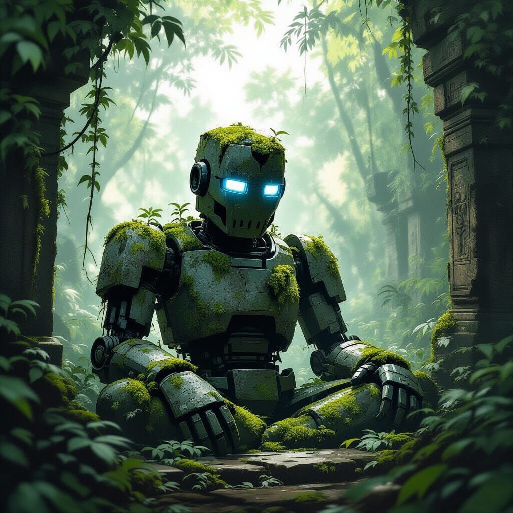 An ancient, moss-covered robot, resembling a weathered stone statue, sits dormant in a lush, overgrown jungle temple. Vines creep over its m...