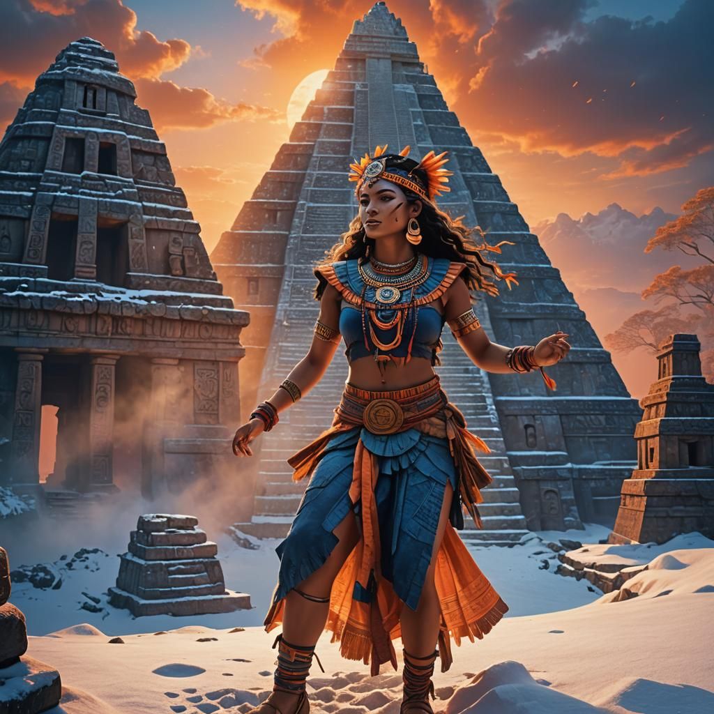 A beautiful young Mayan woman dancing on a snow covered Mayan pyramid at sunset 