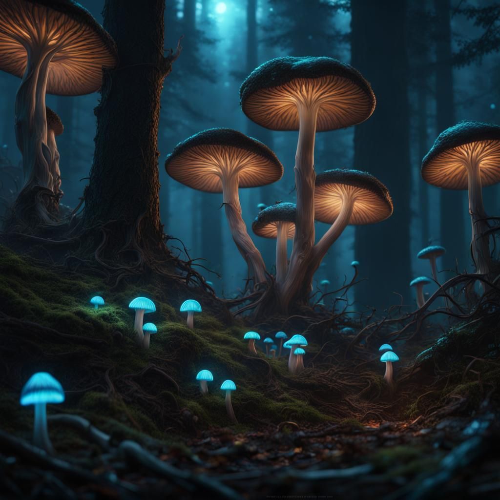 bioluminescence mushrooms in a dark forest - AI Generated Artwork ...