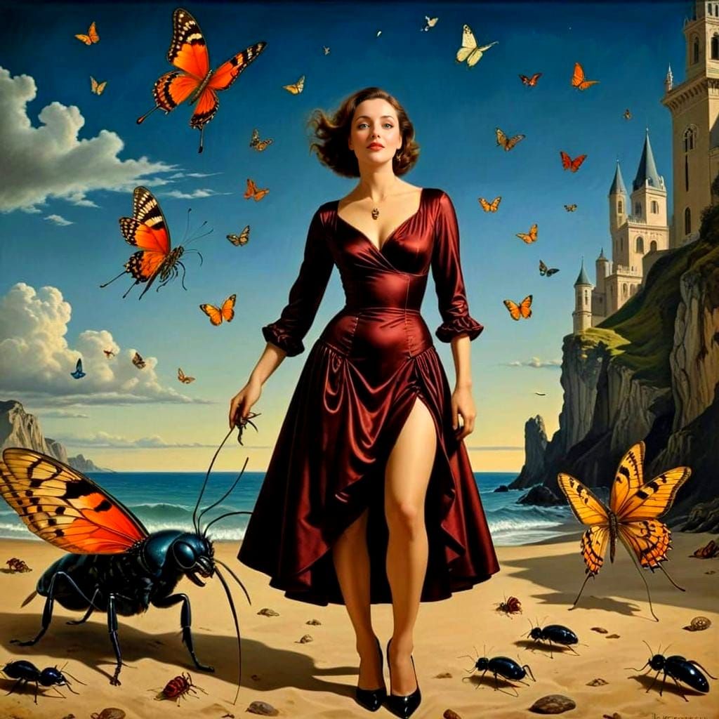 Surrealistic Portrait of Elegant Lady with Fantastical Insec...
