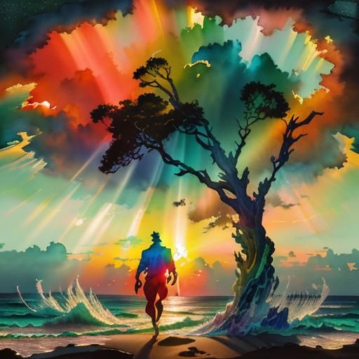 colorful vibrant Sunset over the ocean, Rays of Sunlight peaking through the clouds | 16k resolution, 64 megapixels, epic maximalist landsca...