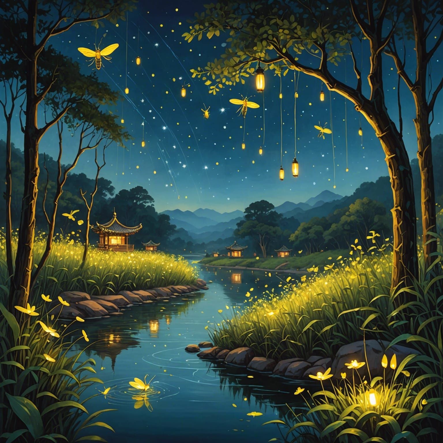 Summer Night's Magical Dance of Fireflies under Starry Sky
