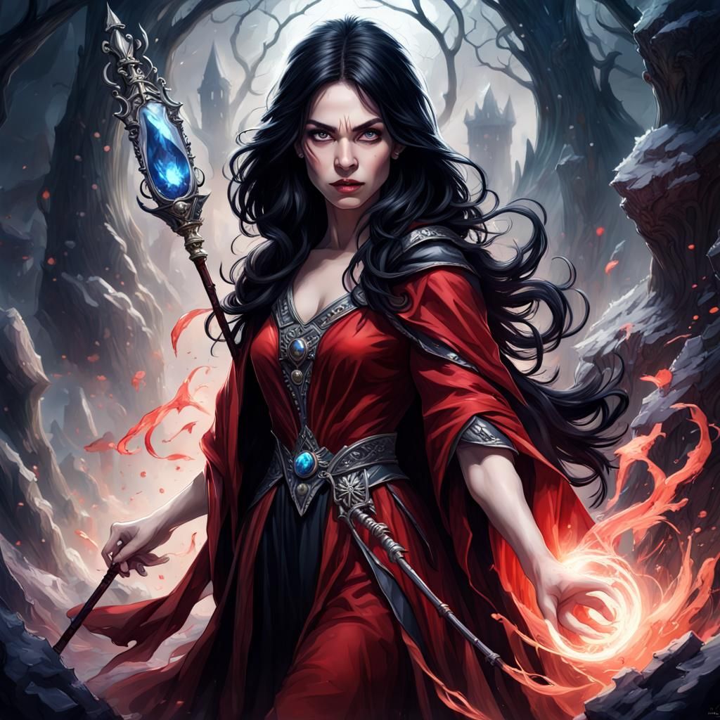 sorceress with black hair, a red dress with black cloak, she has a gem ...