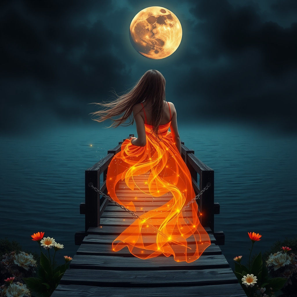 Woman Under Blood Moonlight, Seated on Wooden Bridge