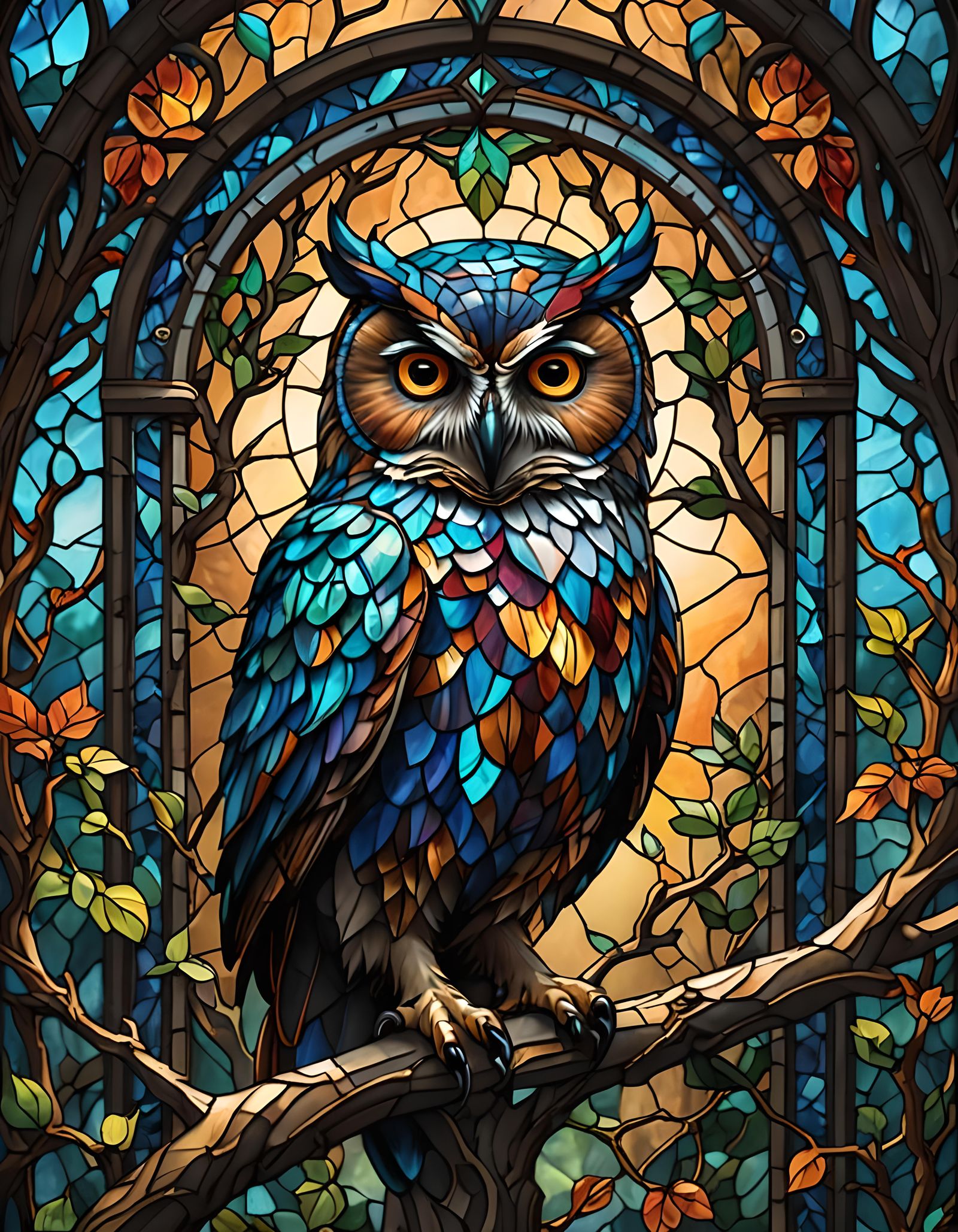 Stained glass Owl sat on a tree branch   by @YorksWarrior