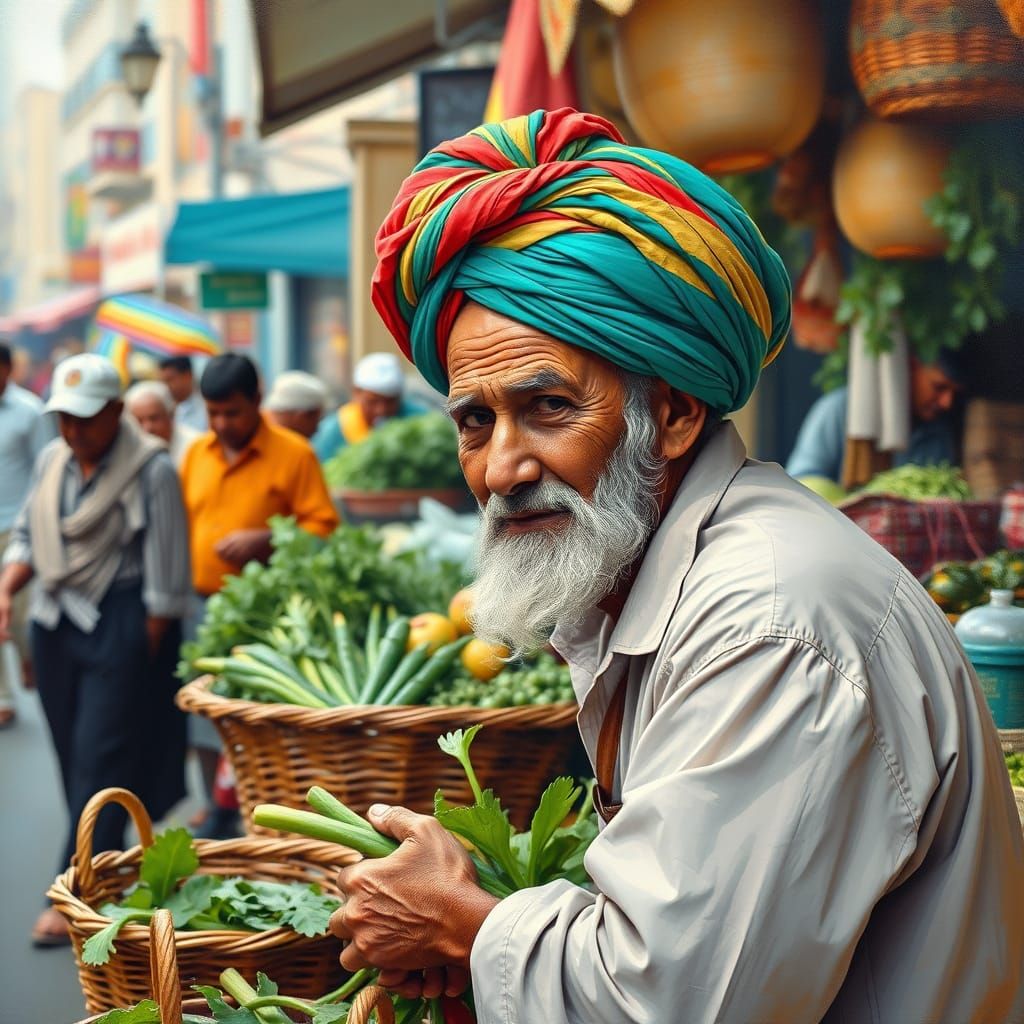 Vibrant Market Scene: Elderly Man in Impressionist Style