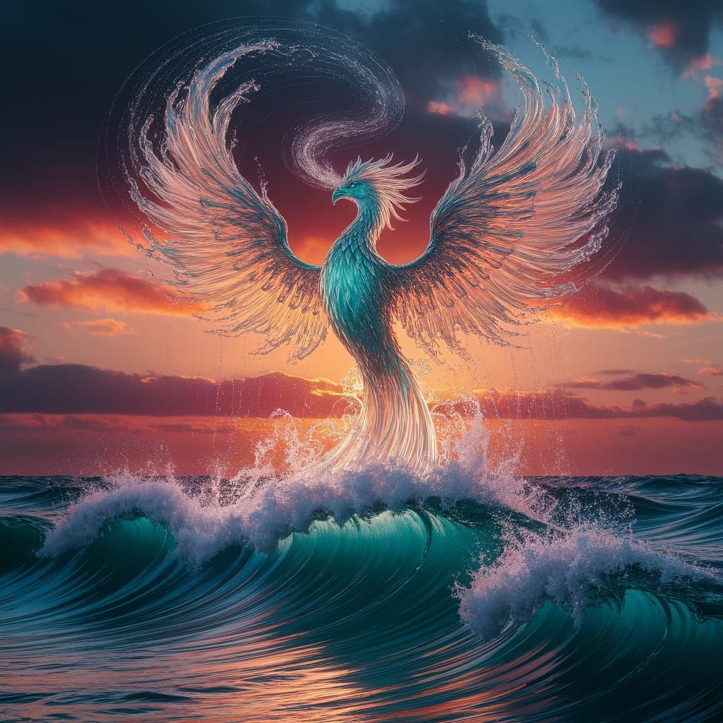 Phoenix of Waves Ascends at Sunset, Art Nouveau Inspired
