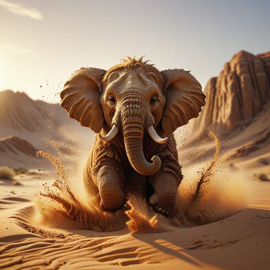 la sagoma di un cucciolo di mammut, creata da vortici di polvere di sabbia, illuminata dal tenue, etereo ...  by @Barabashka