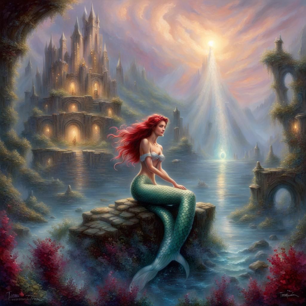 Ethereal Fantasy Mermaid Among Underwater Ruins