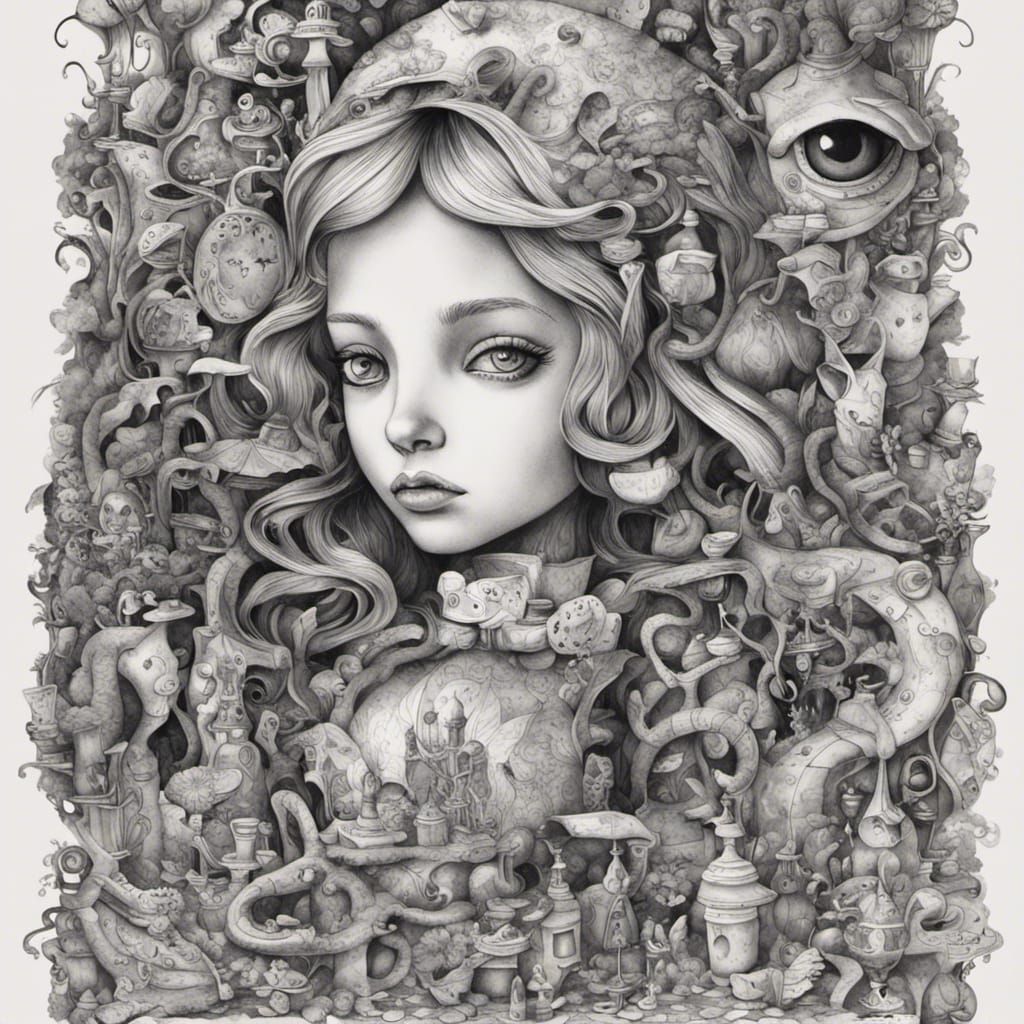 Alice In Wonderland Black And White Ink Ai Generated Artwork