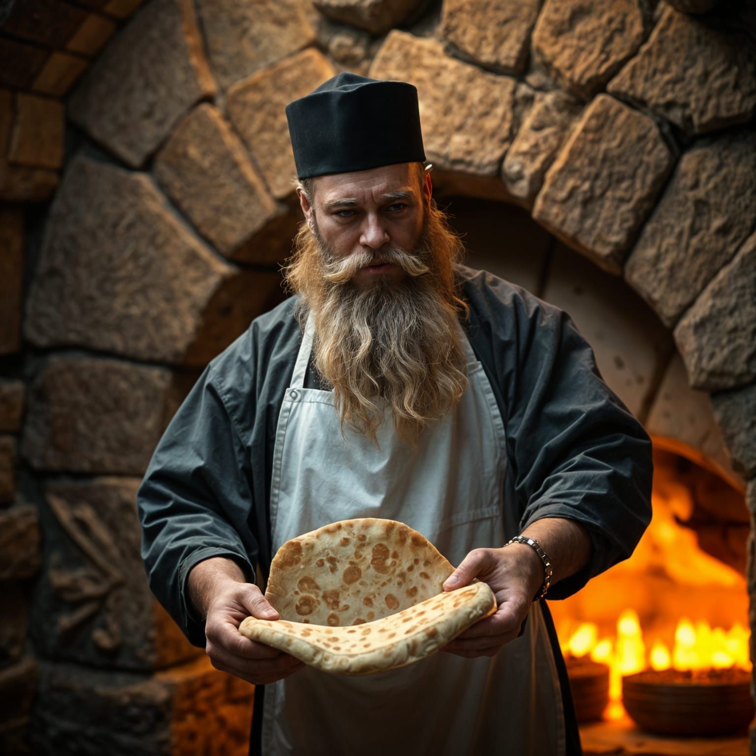 Hasidic Rabbi Unfolds Passover Matzah from Oven in a Vibrant...