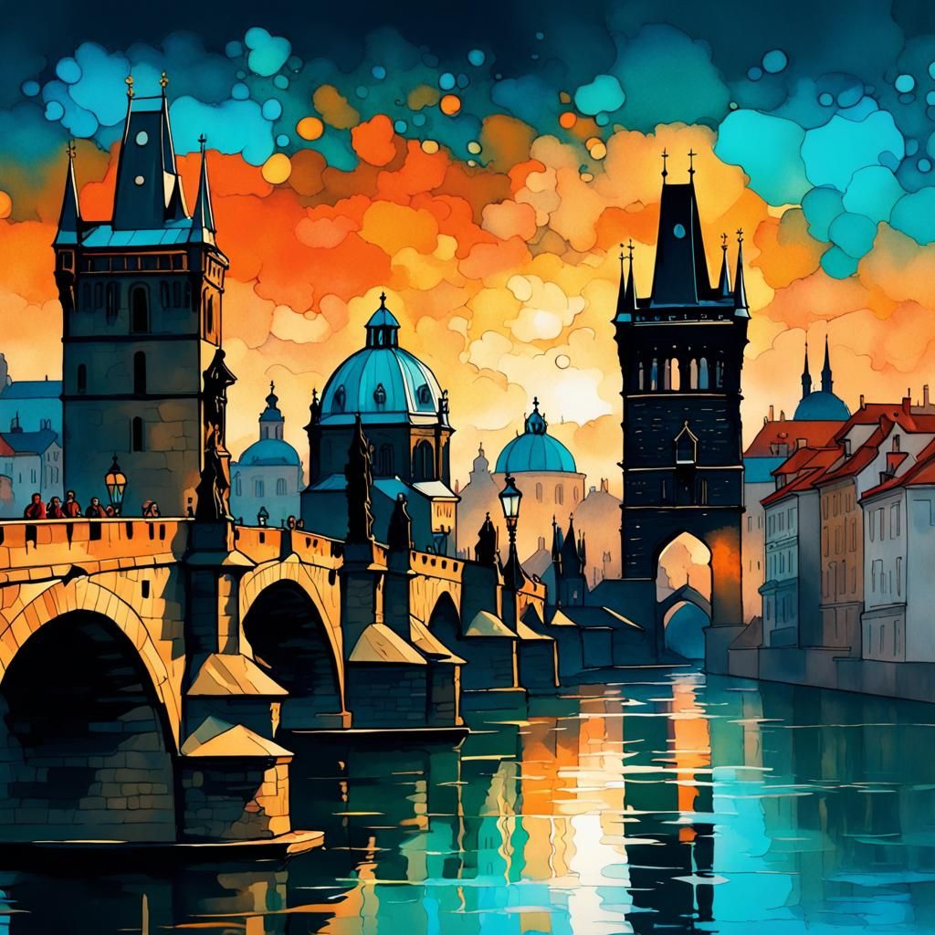 Charles Bridge in Prague ,alcohol ink painting, synthography style and ...