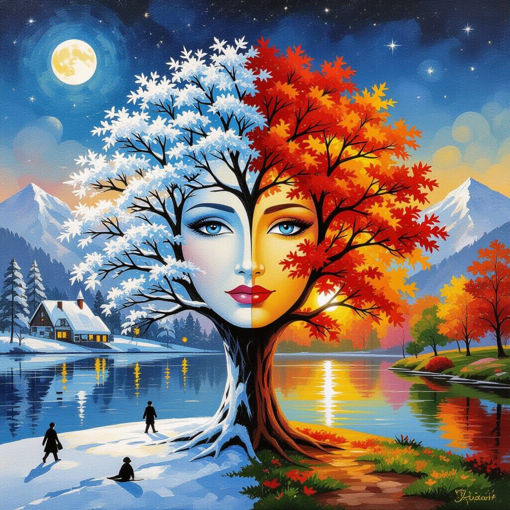 Amazing "four part season tree", gorgeous tree depicting all four seasons (winter, spring, summer, and autumn) : beautiful lake : wide brush...