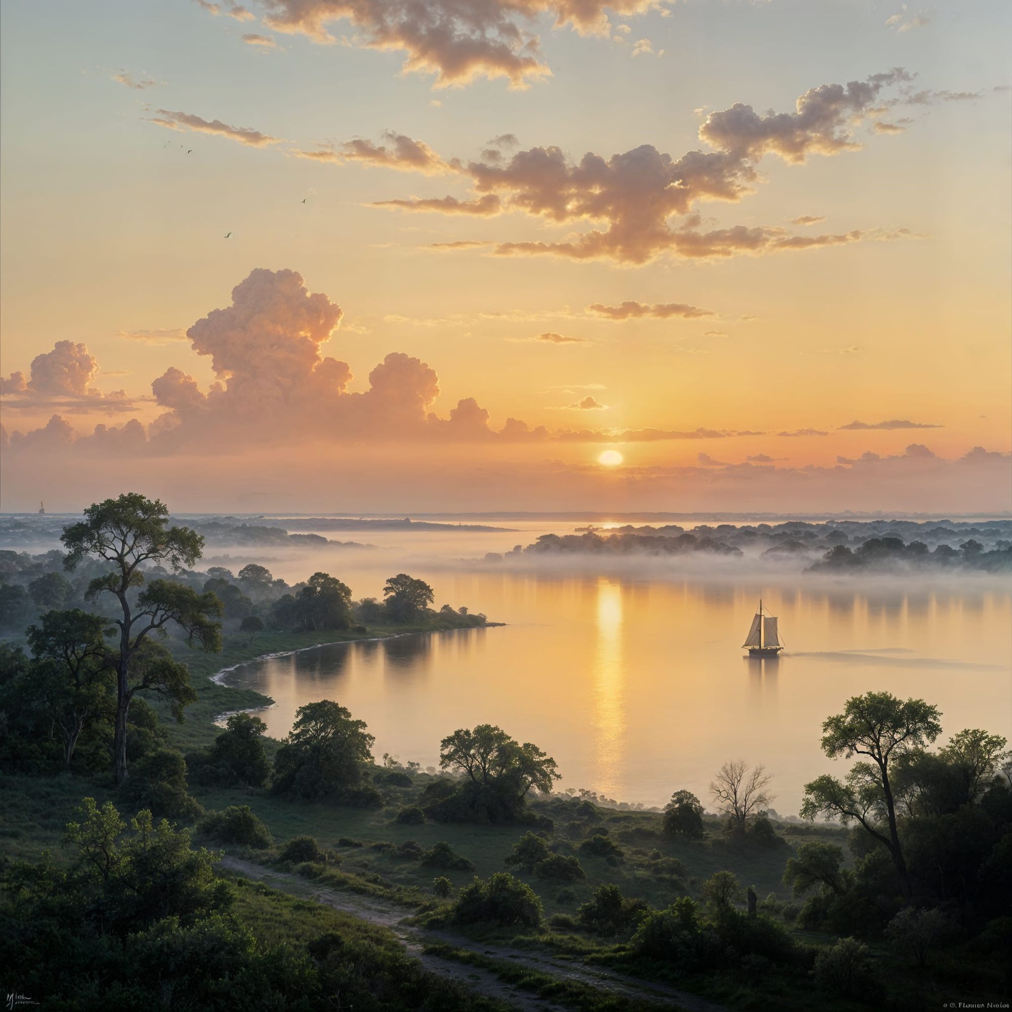A landscape of dawn mist over Tampa Bay in the 19th Century.  In the Luminist style of Martin J. Heade and Frederick E. Church