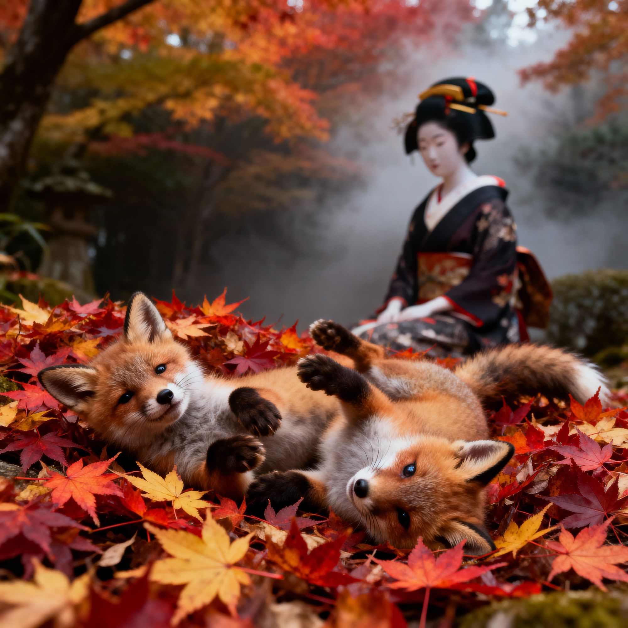 Two baby foxes are rolling around on the ground in a pile of Japanese maple leaf with a back drop of a Geisha 